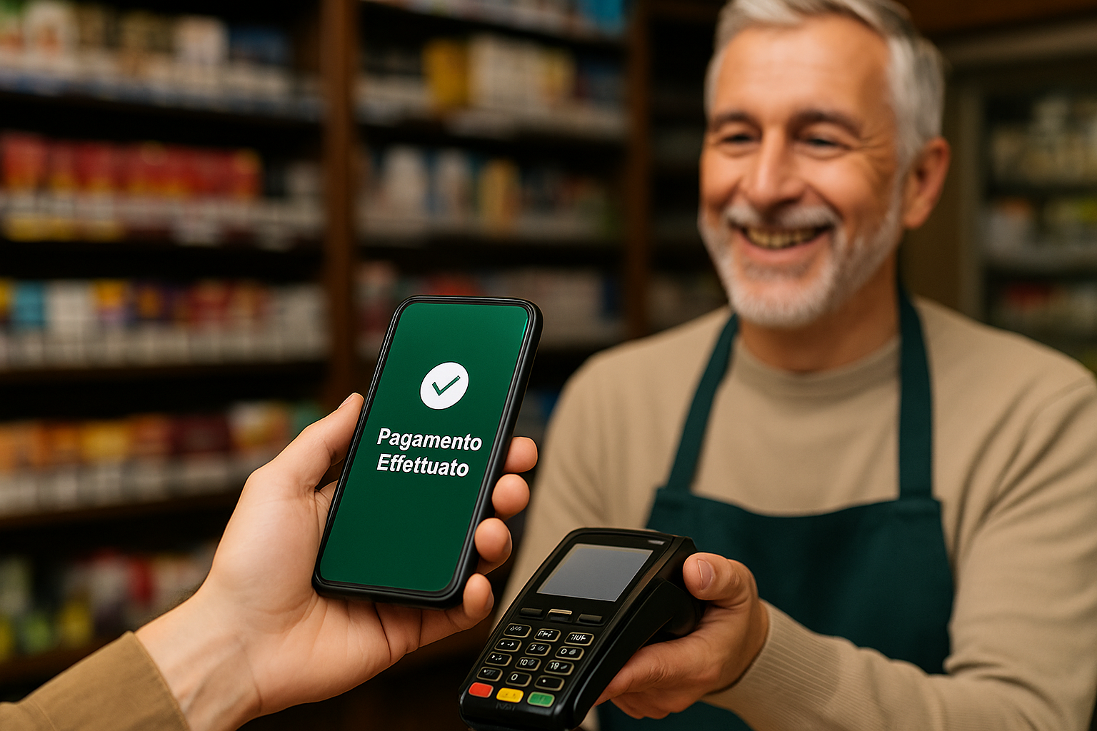 Aumentare lo scontrino medio nei negozi fisici: esercente sorride mentre mostra pos e cliente effettua pagamento cashless