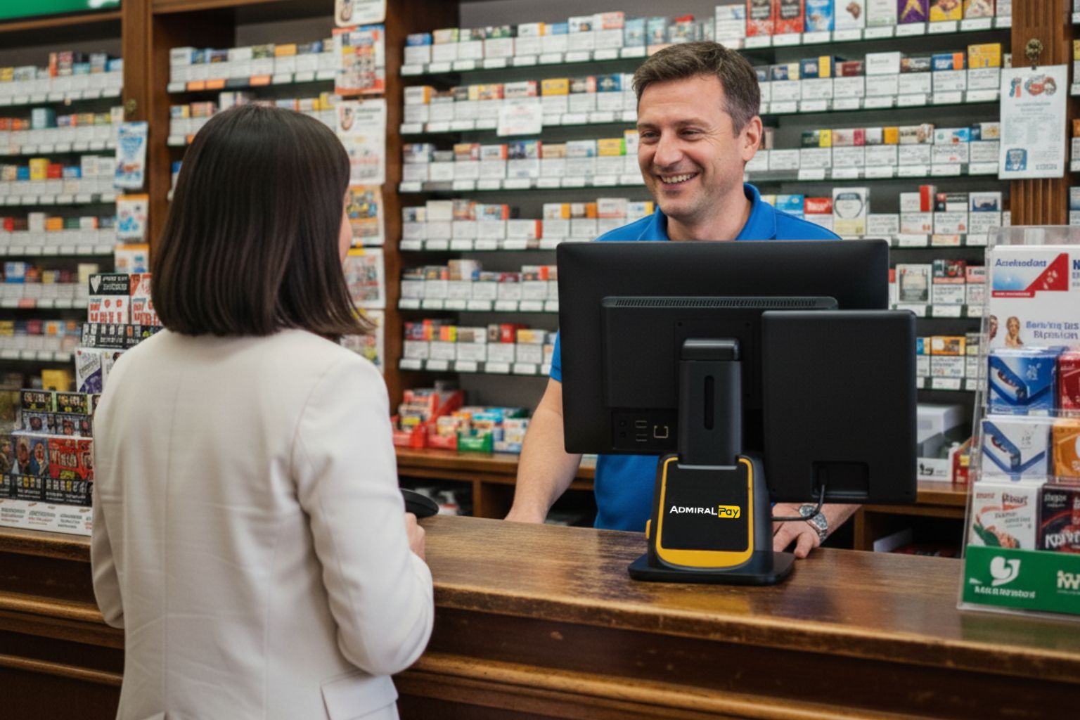Fidelizzare i clienti del tuo punto vendita: esercente sorride ad una cliente di spalle, mentre utilizza Admiral Pay Pro