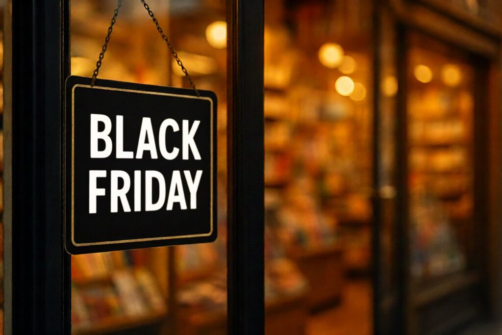 Cartello Black Friday Negozi 2025 appeso alla vetrina di un negozio, con interno caldo e sfocato tipico di una cartolibreria.