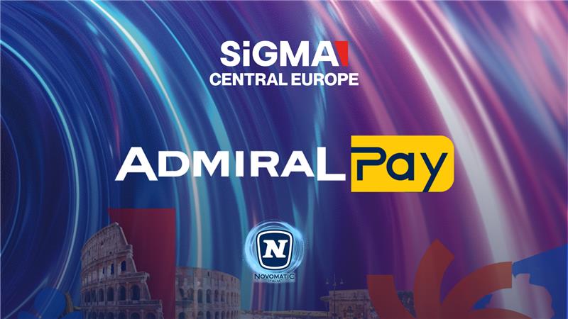 Grafica ADMIRAL Pay al SiGMA Central Europe con logo Novomatic su sfondo dinamico.