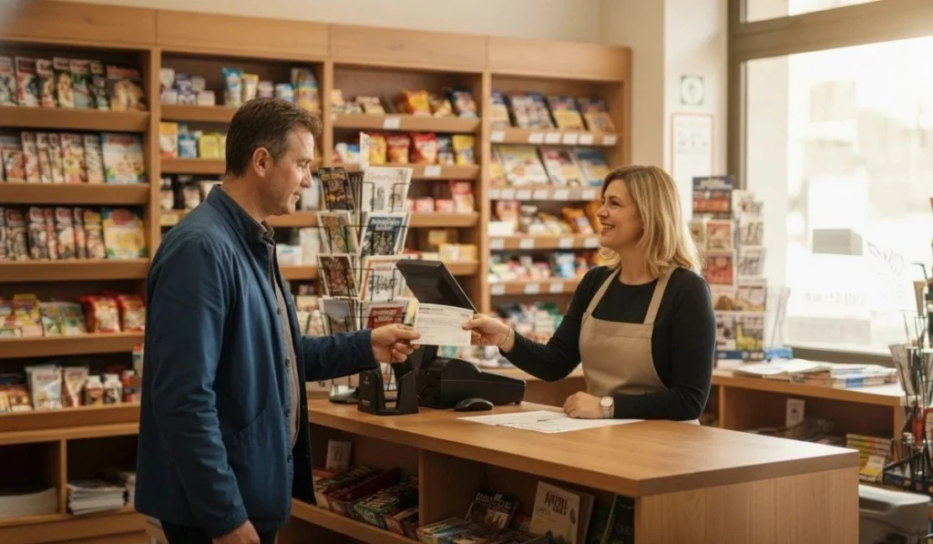 Cliente in negozio effettua il pagamento bollettini postali al bancone.