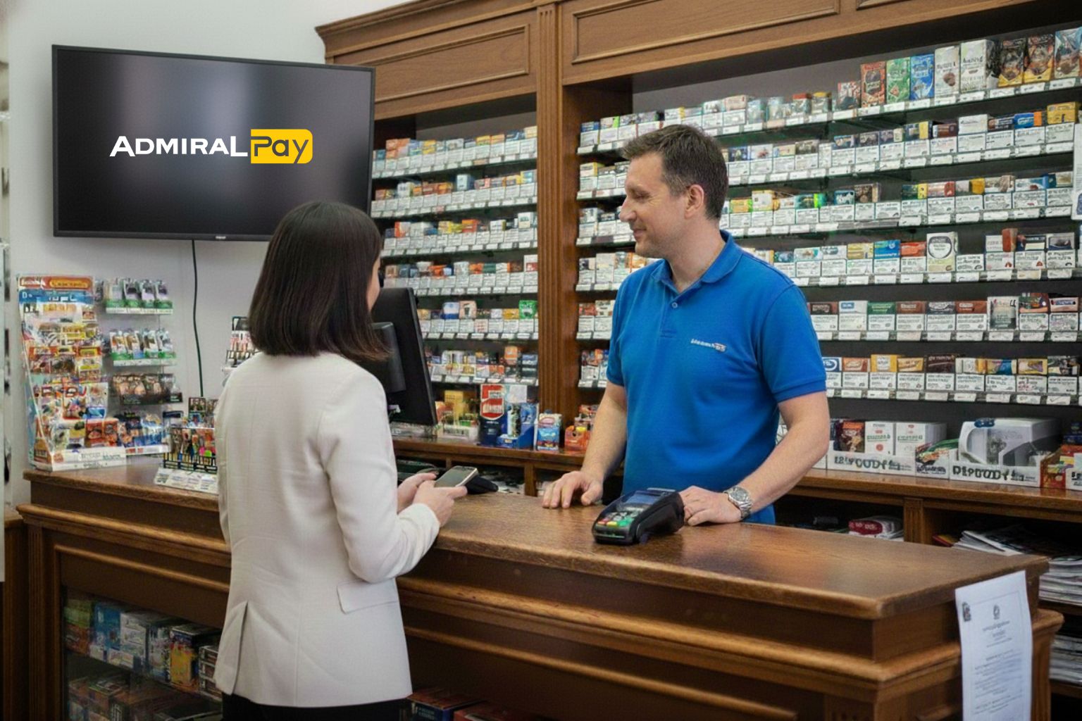 Cliente e tabaccaio durante un pagamento digitale, esempio di servizi in tabaccheria con soluzioni tecnologiche Admiral Pay