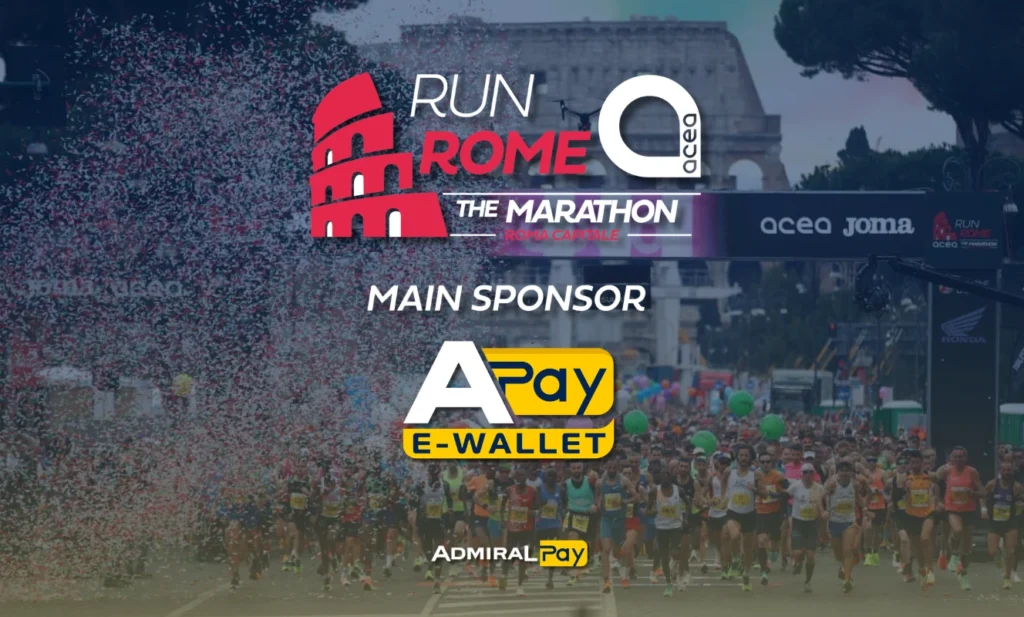 APay E-Wallet Main Sponsor della Run Rome The Marathon 2026 con logo ufficiale su sfondo partenza maratona a Roma con Colosseo e runner in gara