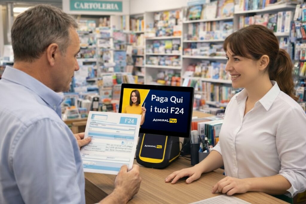 Dove pagare F24 semplificato: Cliente paga F24 semplificato in cartolibreria presso punto vendita Admiral Pay