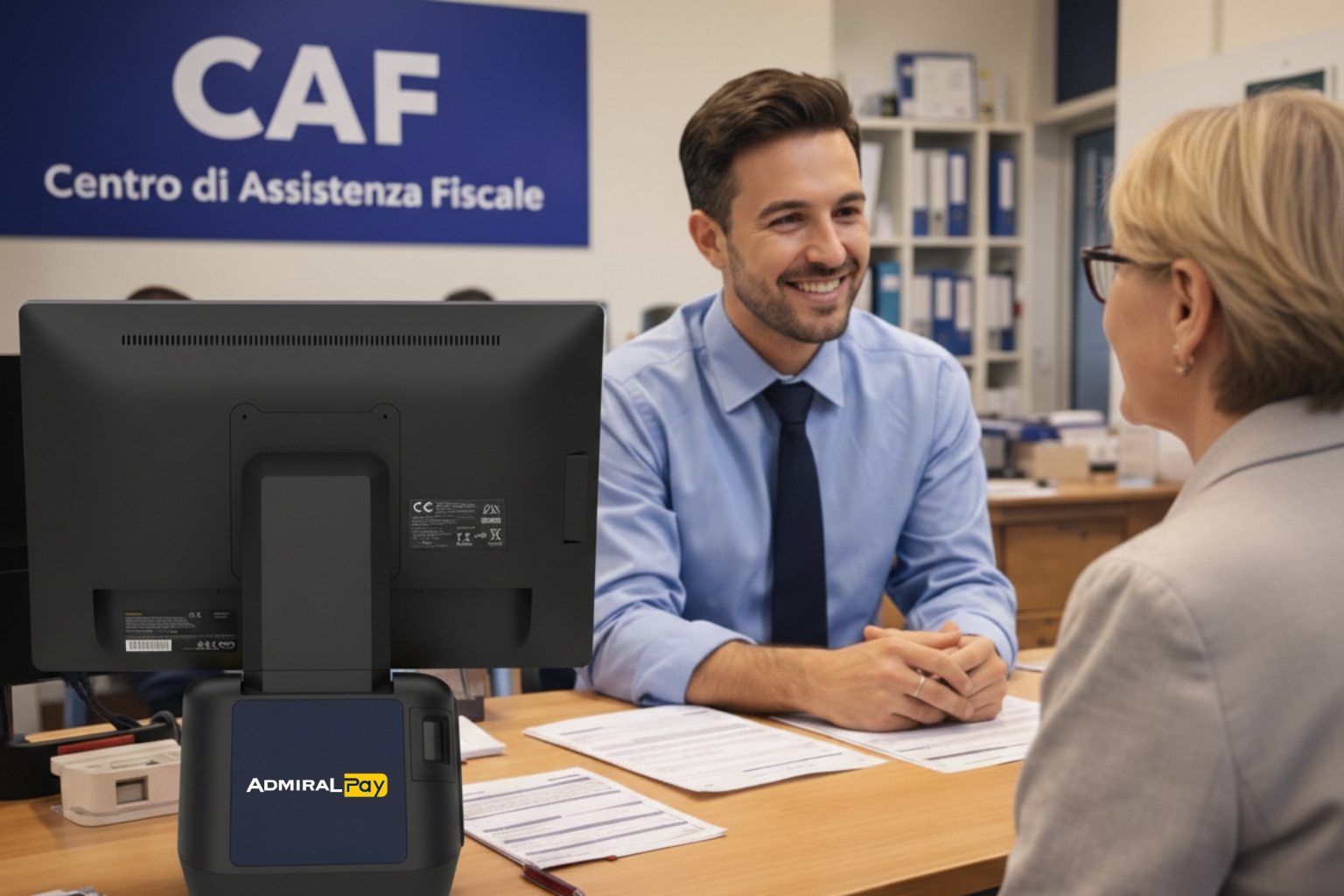 Servizi CAF con postazione Admiral Pay PRO all’interno di un centro di assistenza fiscale durante consulenza cliente