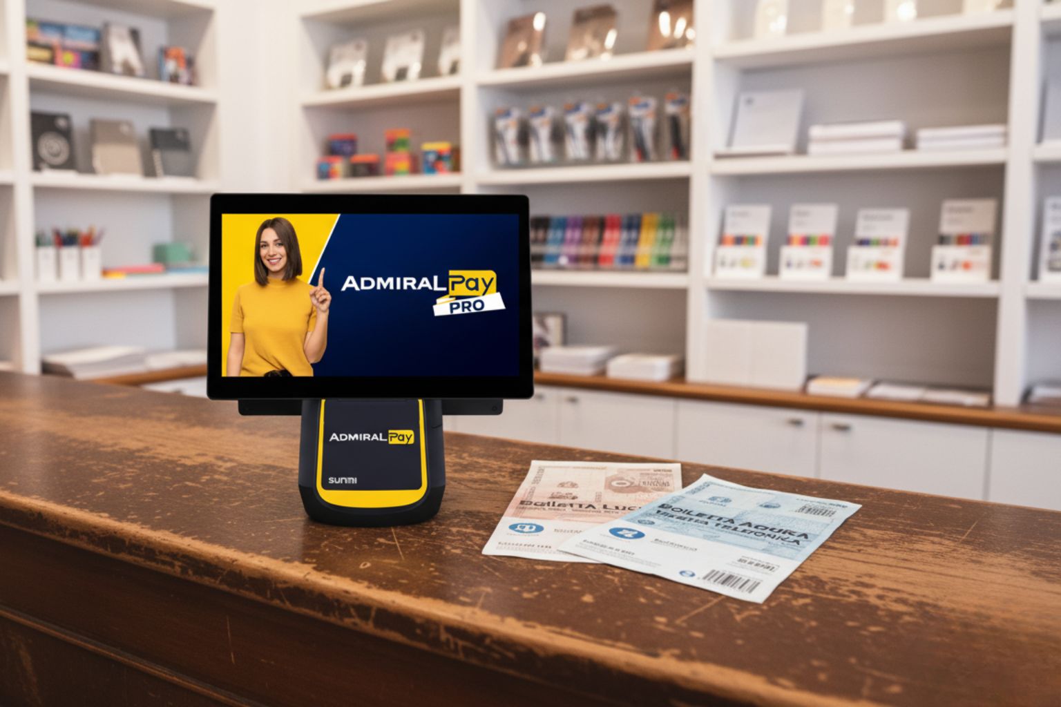 Pagamento utenze in negozio con terminale Admiral Pay e bollette luce, acqua e telefono sul bancone