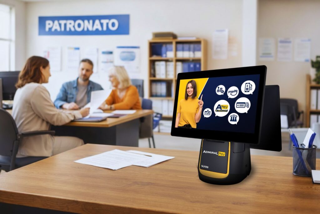 Servizi di patronato con postazione Admiral Pay Pro per gestione servizi aggiuntivi.