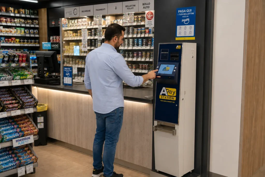 Cassa automatica multifunzione: cos'è e vantaggi per il punto vendita 1 Cliente utilizza APay Station cassa automatica all'interno di una tabaccheria per effettuare operazioni self-service di pagamento e servizi digitali