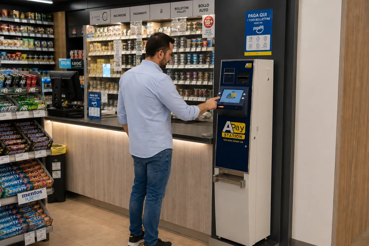 Cliente utilizza APay Station cassa automatica all'interno di una tabaccheria per effettuare operazioni self-service di pagamento e servizi digitali