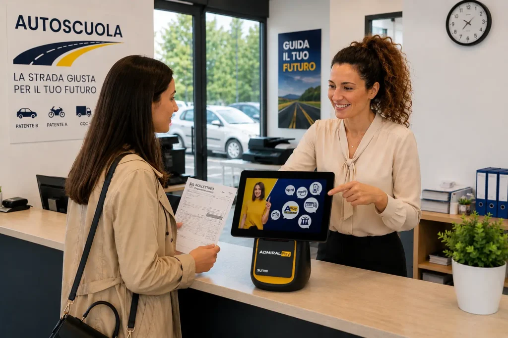 Esempio di up selling e cross selling in autoscuola con Admiral Pay Pro e pagamento bollettino utenza