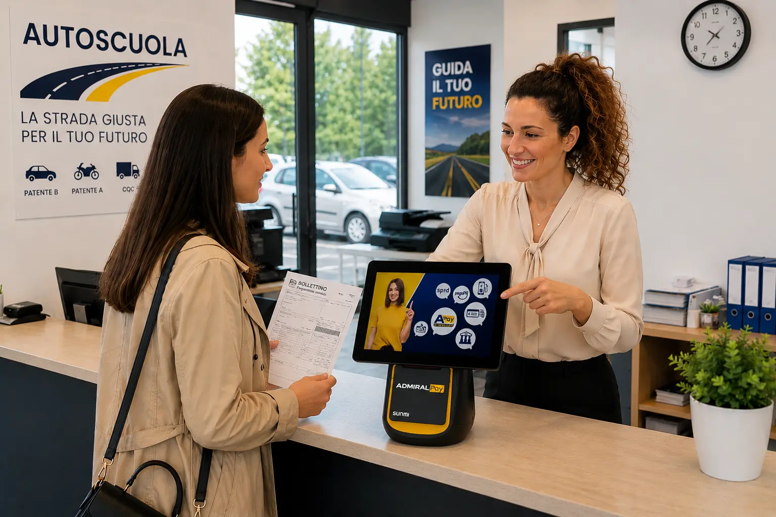 Esempio di up selling e cross selling in autoscuola con Admiral Pay Pro e pagamento bollettino utenza