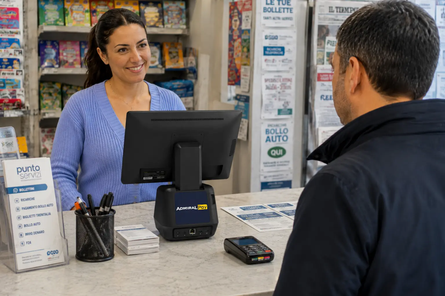 Servizio ricariche telefoniche per negozi con Admiral Pay Pro in un punto vendita multiservizi