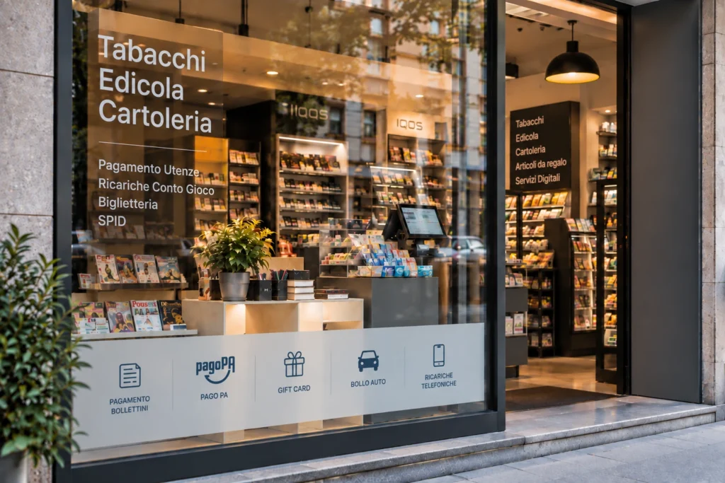 Allestimento vetrine negozi: idee e consigli per attirare più clienti 2 Allestimento vetrine negozi per un punto vendita multiservizi bar tabacchi cartolibreria con prodotti e servizi in evidenza