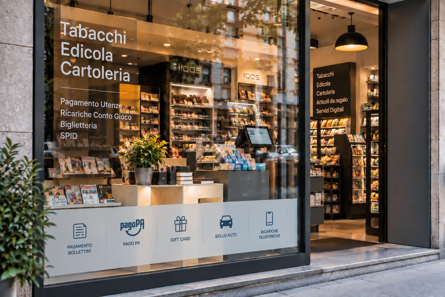 Allestimento vetrine negozi per un punto vendita multiservizi bar tabacchi cartolibreria con prodotti e servizi in evidenza